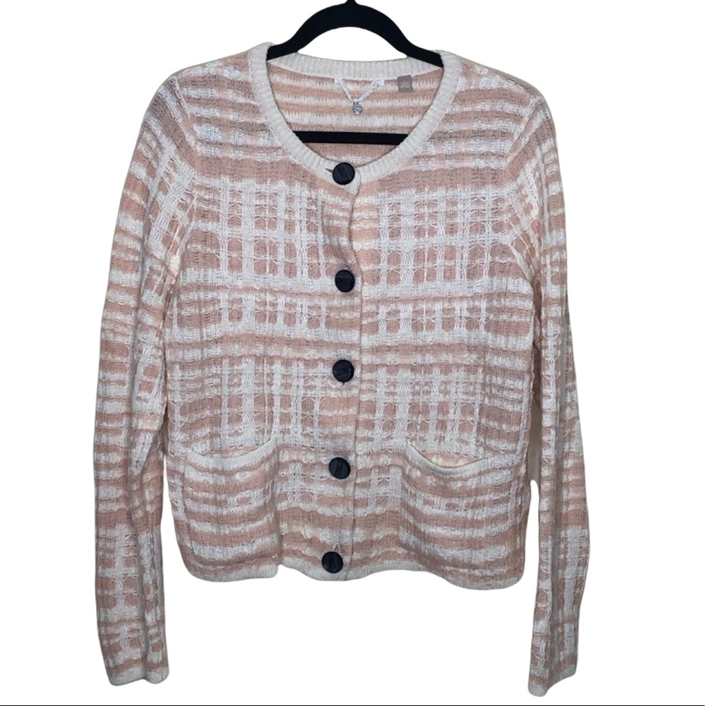 Anthropologie Knitted & Knotted Boucle Cardigan- pink/white - L